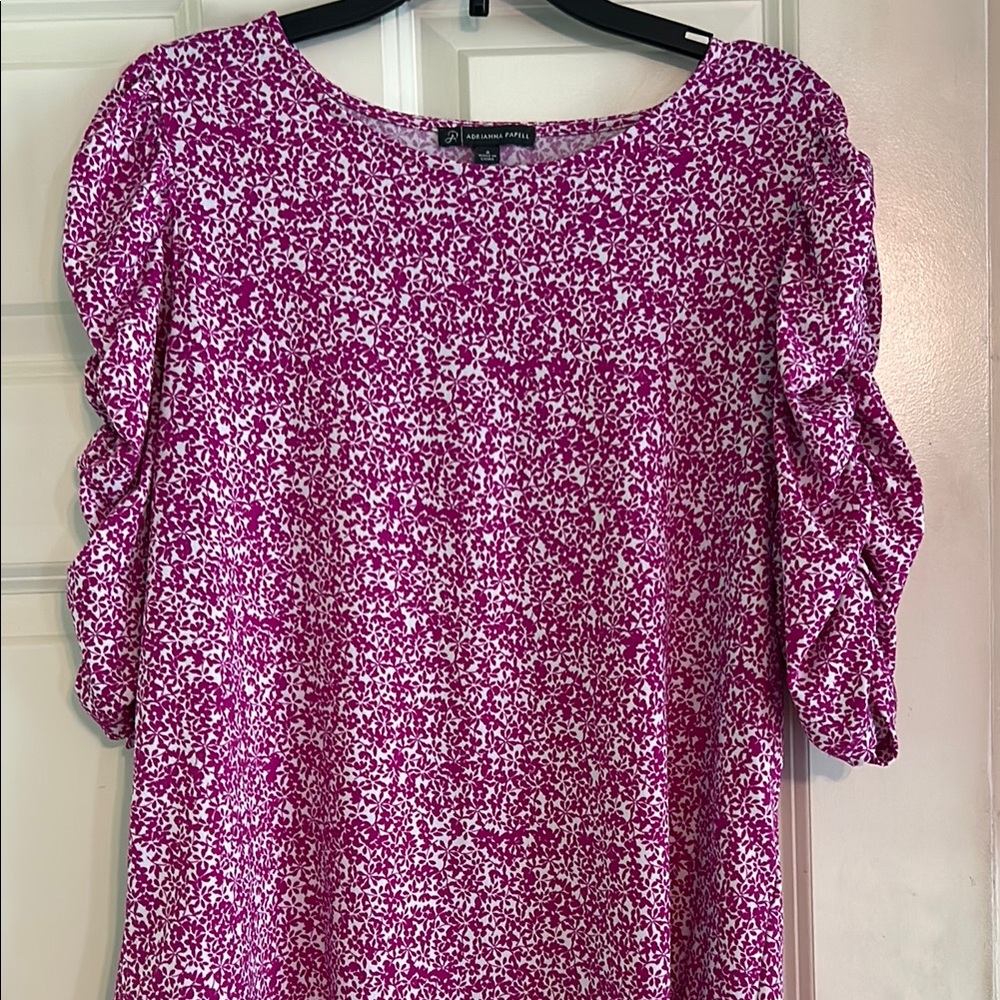 Adrianna Papell Pink and White Ruffled 3/4 Sleeve Blouse